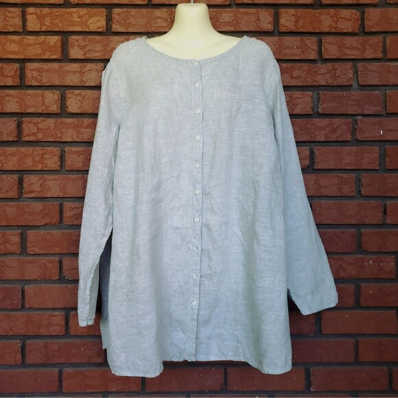 Tahari 100% Linen Tunic Top Sz 2X Button Front Roll Tab Sleeve Light Sage Green - Picture 1 of 9